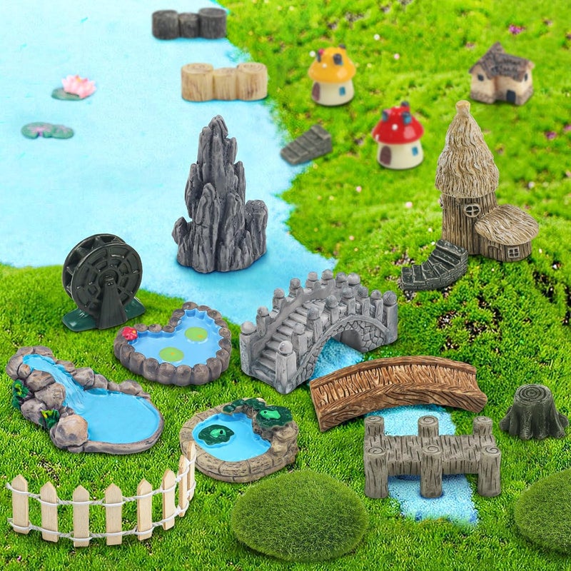 QUOZUO 21 Pcs Fairy Garden Miniatures Accessories Bridge House Landscape Water Well Fence Figurines Pond Mushroom Lawn Garden Ornament for DIY Craft Succulent Decor - Image 3